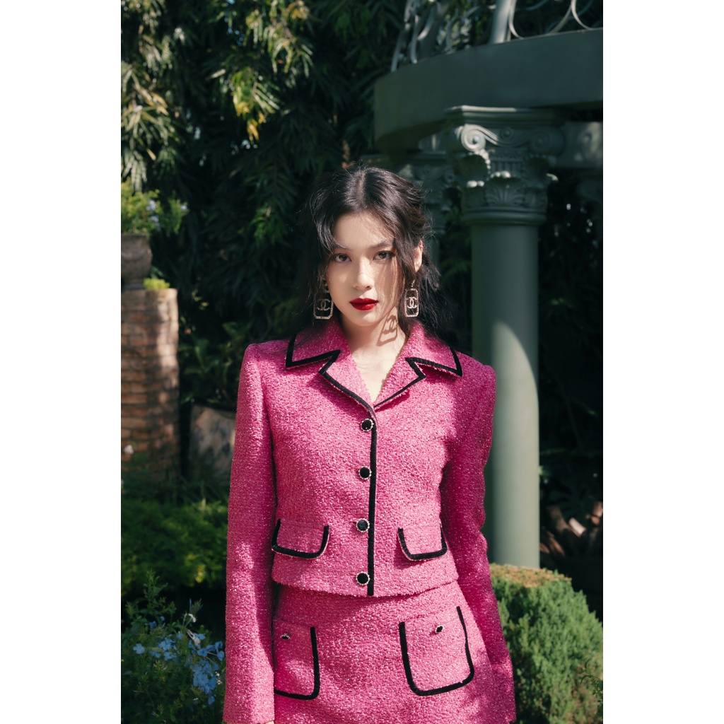Set áo jacket tweed hồng và chân váy A HUONG BOUTIQUE HBVEST180