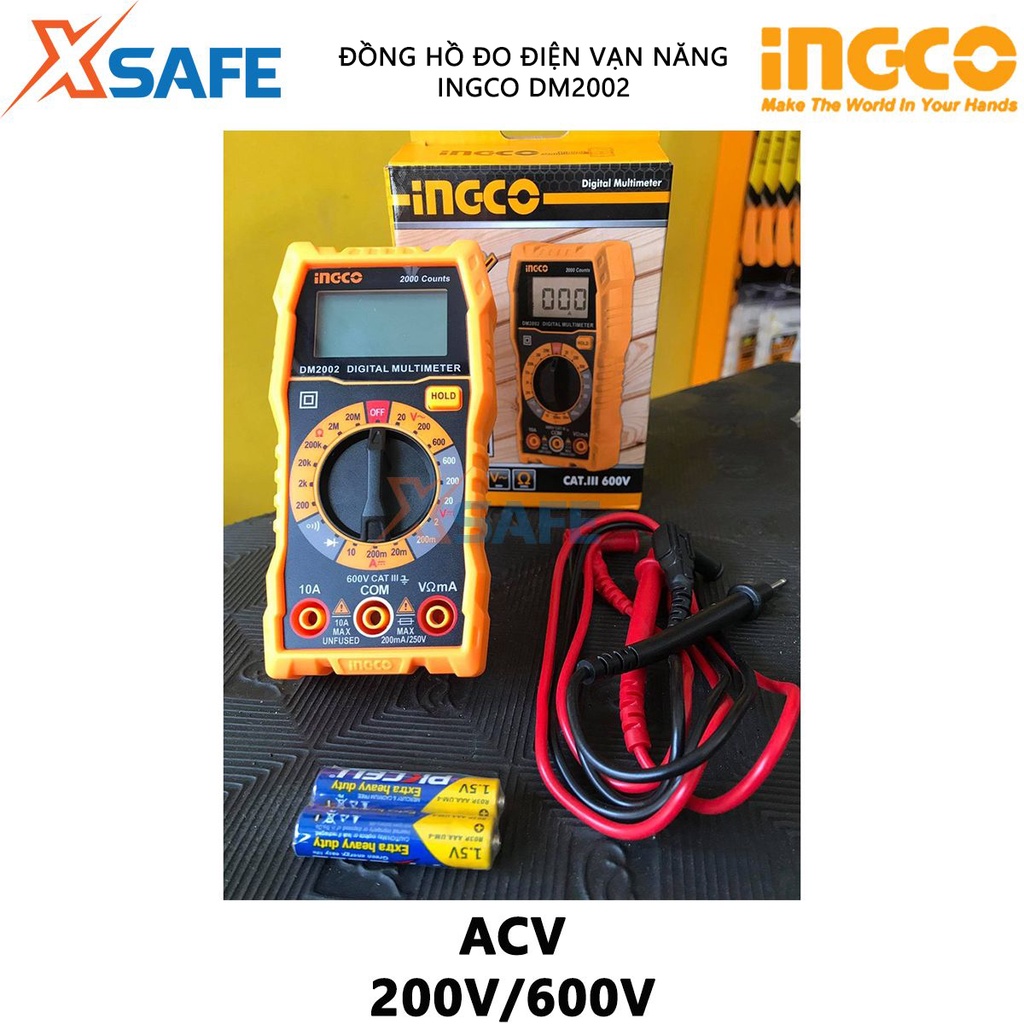 Đồng hồ đo điện vạn năng INGCO DM2002 Đồng hồ vạn năng 2000 số đếm, màn hình LCD - Chính hãng [XSAFE]