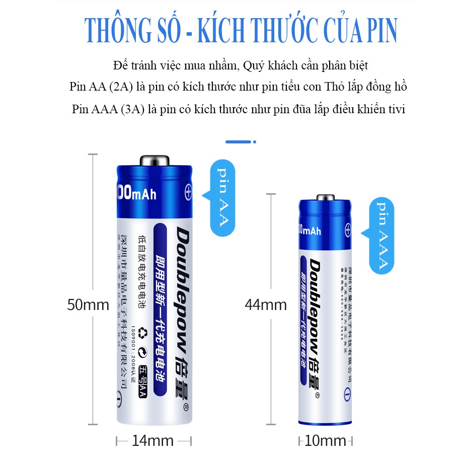 [Hàng chuẩn] Hộp 4 viên Pin AA sạc lại Doublpow dung lượng 3000mAh (pin xanh)