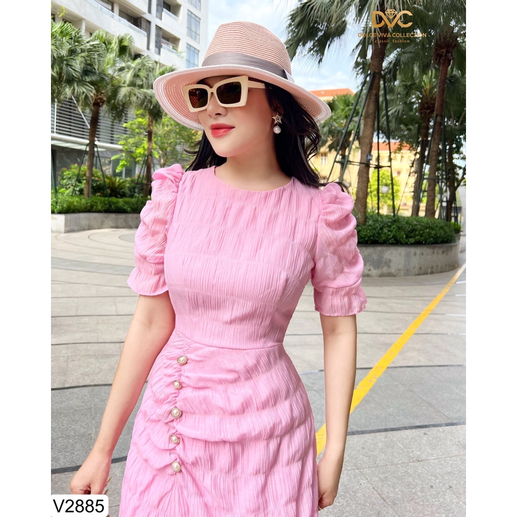 VÁY HỒNG BỒNG TAY PHỐI CÚC HÔNG V2885 - DOLCE VIVA COLLECTION