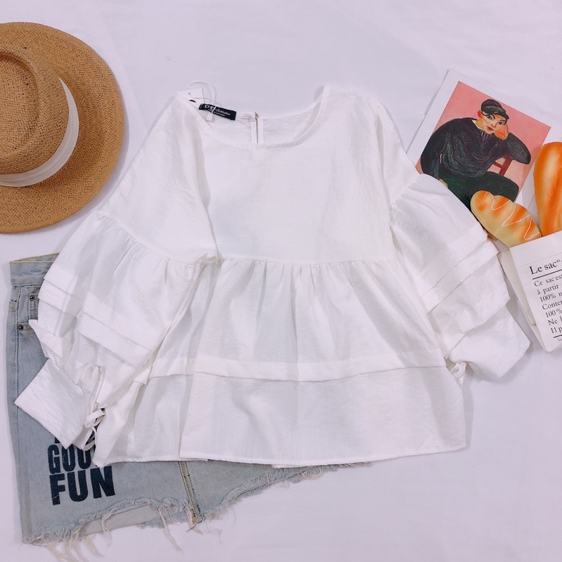 Áo Babydoll Fom Rộng Xoè Tay Phồng Cột Nơ Tay  - Jancaroshop
