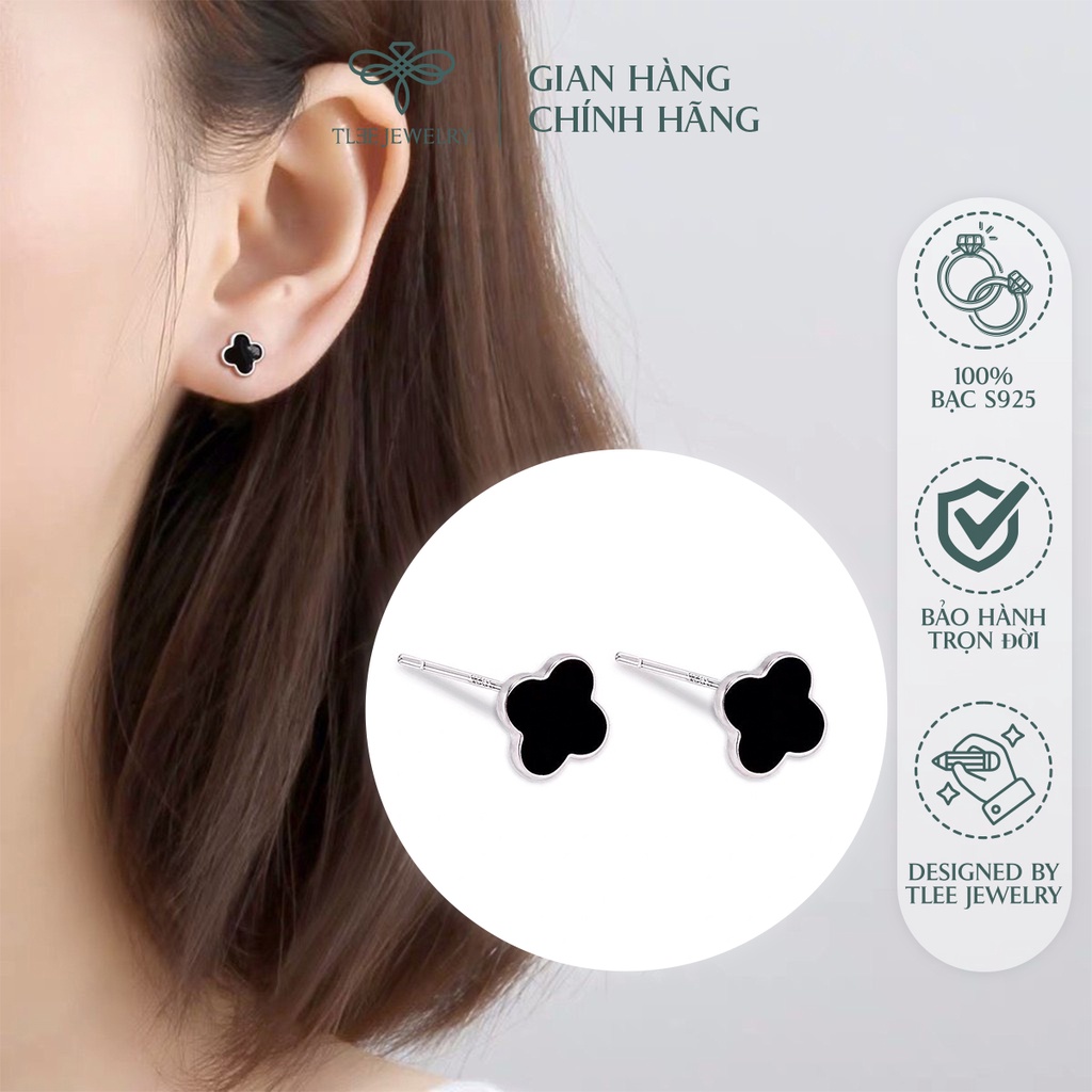 Khuyên tai bạc TLEE cỏ bốn lá đá đen cao cấp NCJ B0195