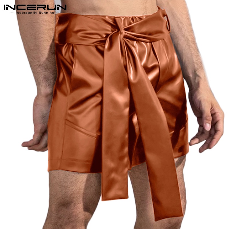 Quần short INCERUN bằng da ống rộng màu trơn eo co giãn buộc thắt lưng phong cách thường ngày cho nam