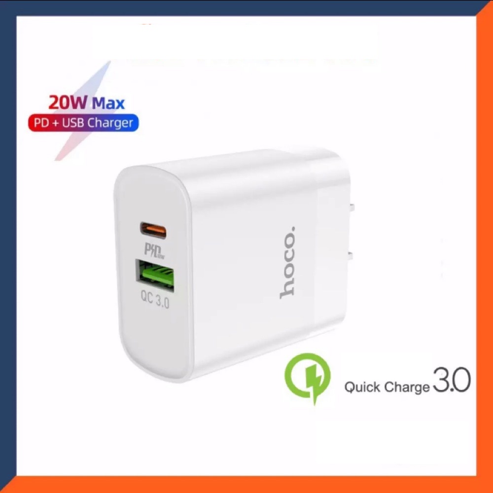 Bộ Sạc Nhanh 20W 13 Pro Max 12 Pro Max Hoco C80, 2 Cổng USB + Type C Chân Cắm Type C to L Dài 1m Cho Điện Thoại