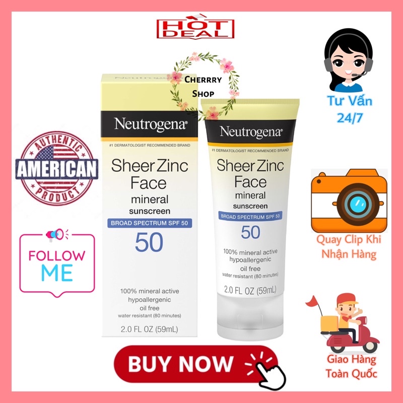 [Hàng USA] Kem chống nắng vật lý dành cho mặt Neutrogena Sheer Zinc Face SPF 50 (59ml)