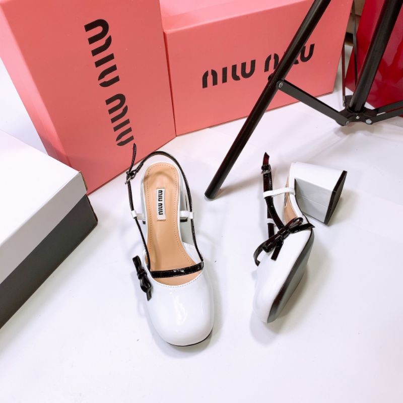 B(ẢNH THẬT) Sandal 7p Miu Miu Gót To Nơ Nhí Quai Mảnh Da Bóng Mềm Êm Fullbox Bill Túi Hãng Cao Cấp