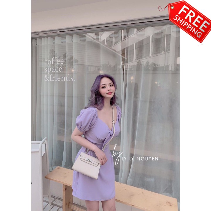 Đầm Nữ Thắt Nơ Giữa Ngực , Tay Áo Xếp Ly Cực Đẹp
