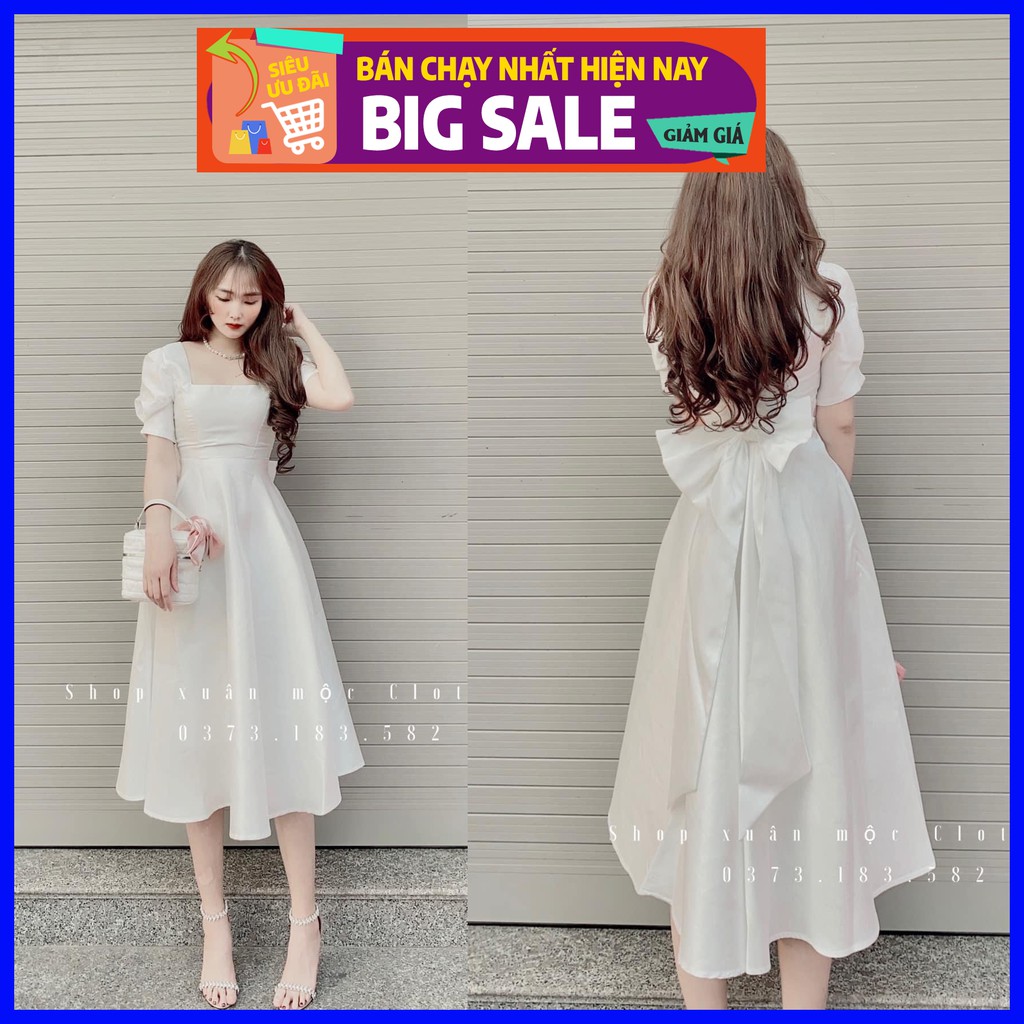 Váy Trắng Cổ Vuông Nơ Lưng Siêu Sang Diện Đi Đám Cưới Tiệc Tùng Cực Chuẩn Lun | BigBuy360 - bigbuy360.vn