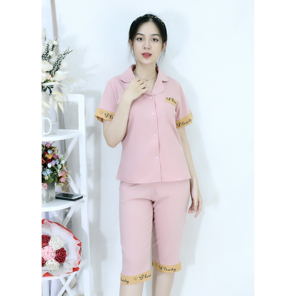 Set đồ bộ pijama nữ Lửng L2 HỒNG tay ngắn , quần lửng in chữ ký đơn giản sang chảnh