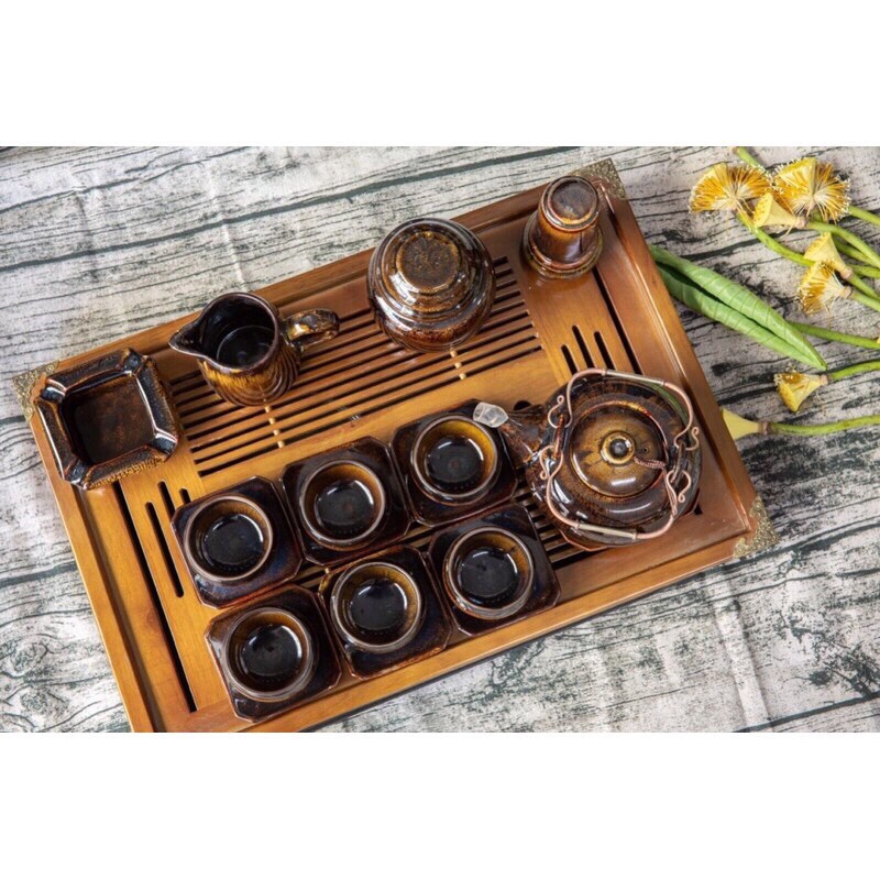 Bộ ấm chén Bát Tràng men hoả biến Hổ Phách siêu sang