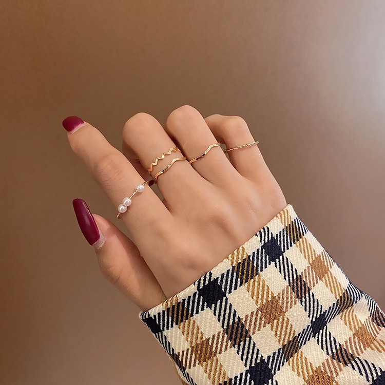 Set 5 Nhẫn Đính Hạt Giả Ngọc Trai Đơn Giản Phong Cách Hàn Quốc