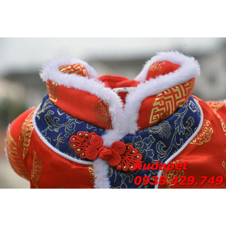 Áo Tết Cho Chó Mèo Kiểu Gấm Sườn Xám Xanh Đỏ chất liệu vải gấm, màu đỏ viền xanh - SP000279