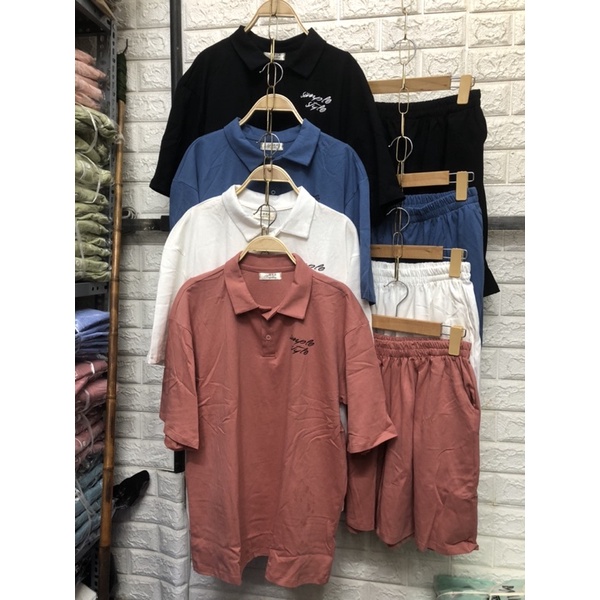 Set thun Ulzzang áo polo, tay lửng in chữ OVERSIZE