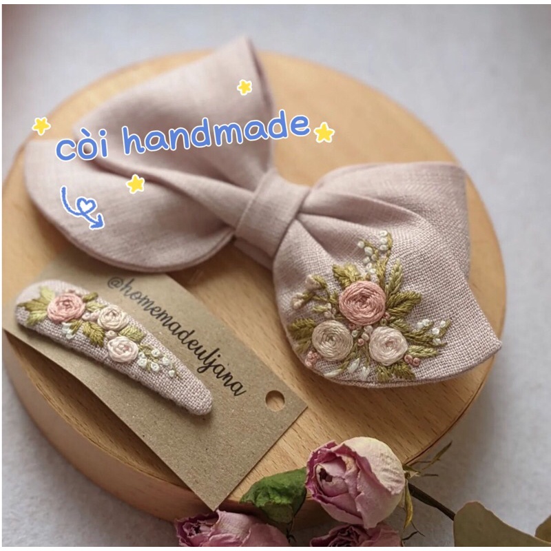 Set Cặp tóc + Nơ thêu handmade