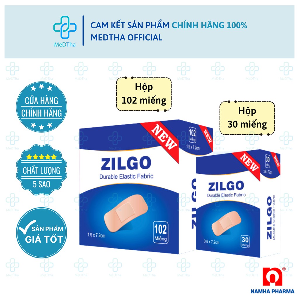 Băng Cá Nhân Zilgo (Durable Elastic Fabric) - Băng Vết Thương Nhỏ, Mụn Trứng Cá (Hộp 30 miếng / 102 miếng) [Chính Hãng]