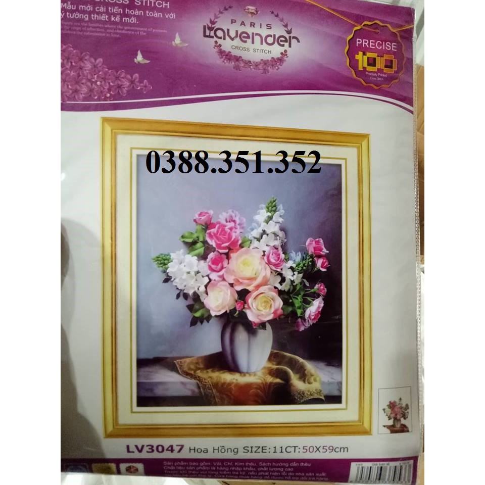 tranh thêu chữ thập bình hoa khoe sắc kt 50x59cm