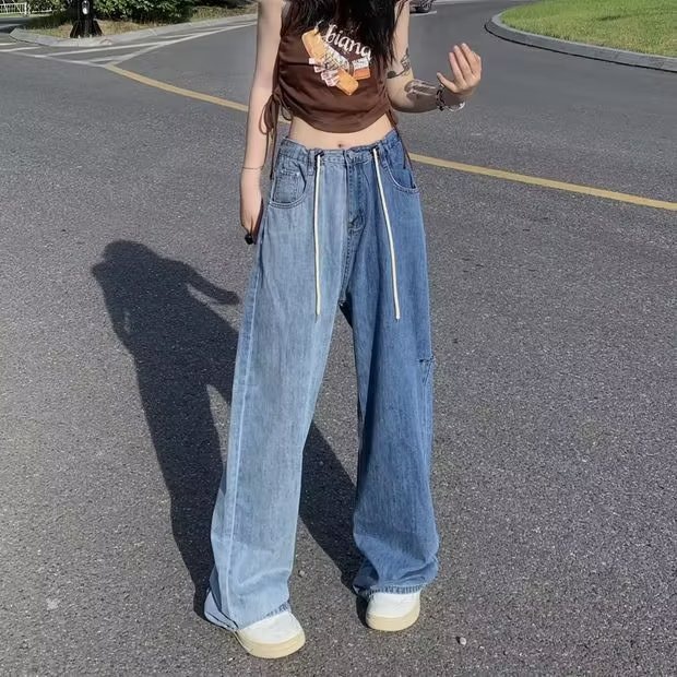 Daduhey Quần Jean Ống Rộng Lưng Cao Phối Dây Rút Màu Sắc Phong Cách Hàn Quốc Thời Trang Cho Nữ