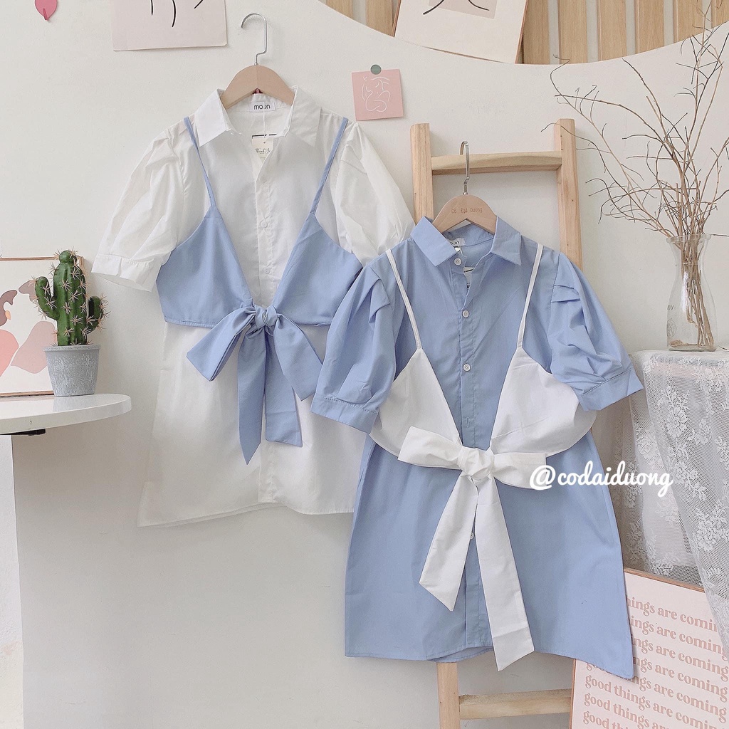 Bộ Đầm Sơ Mi Nữ Phối Yếm Nơ 🦋 Váy Nữ Cúc Cài Cộc Tay Cổ Sơ Mi 3 Màu 🦋 MSP: Q072