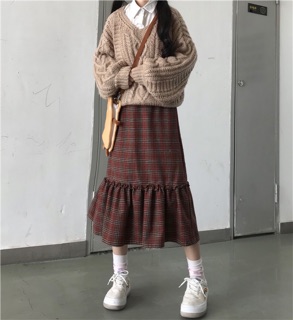 Chân váy maxi kẻ caro (sẵn màu đỏ)