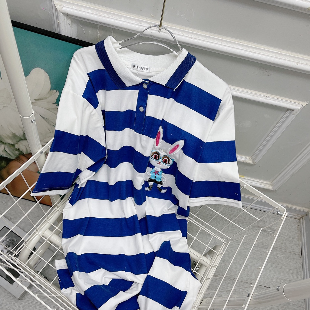 Váy polo kẻ xanh thêu thỏ chất cotton mát mẻ - Hàng có sẵn - Xưởng may Lộc Vân