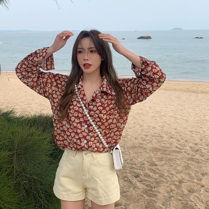 SUXI Áo Sơ Mi Hoa Tay Dài Dáng Rộng Thiết Kế Mới Thời Trang Mùa Thu Theo Phong Cách Pháp Cho Nữ