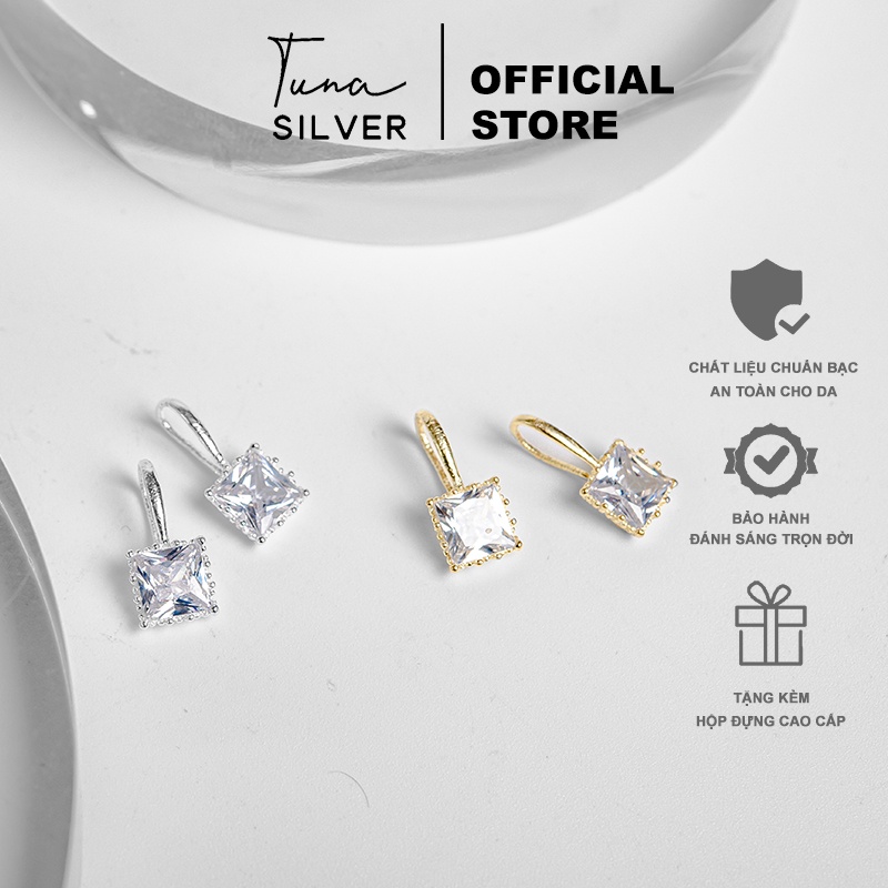 Khuyên tai gắn đá vuông/ Bông tai Bạc cao cấp _ 𝐂𝐚𝐦 𝐤𝐞̂́𝐭 𝐜𝐡𝐮𝐚̂̉𝐧 𝐁𝐚̣𝐜 _ TUNA SILVER