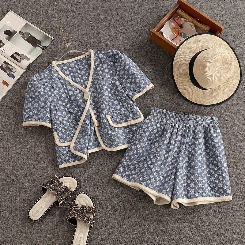 Set áo cardigan cổ chữ V mix quần short