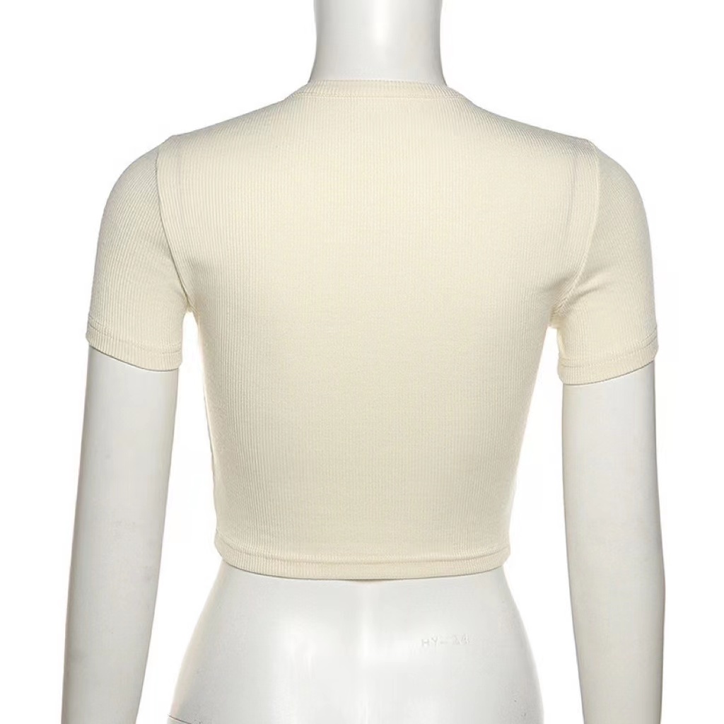 Áo croptop cộc ngắn tay cổ chữ v ôm dáng in họa tiết ngọt ngào thời trang cho nữ thun