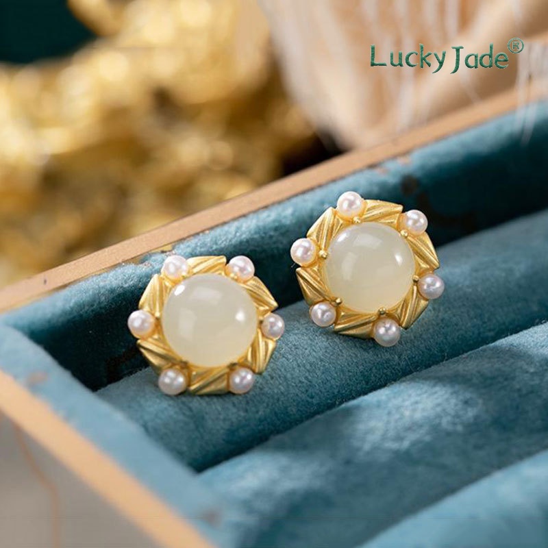 Bông Tai Mạ Vàng 18K Đính Ngọc Bích Trắng Phong Cách Trung Quốc