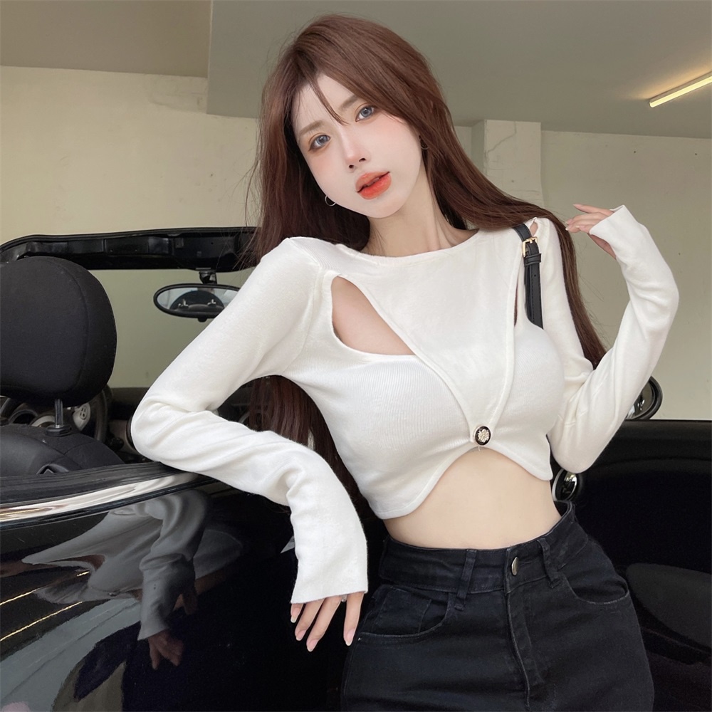 Porozi  Áo croptop  dệt kim tay dài cổ tròn màu sắc đơn giản phong cách Hàn Quốc