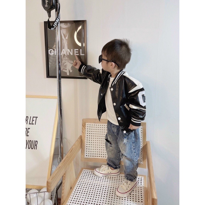 Áo khoác bé trai, bé gái, áo khoác da bomber 2 lớp dày dặn chữ C khuy bấm xịn xò cho bé 8-28kg-Bm_babyshop68