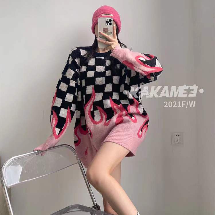 Áo sweater Dệt Kim Dáng Rộng In Hình Ngọn Lửa Phong Cách Hàn Quốc Thời Trang Thu Đông Cho Học Sinh