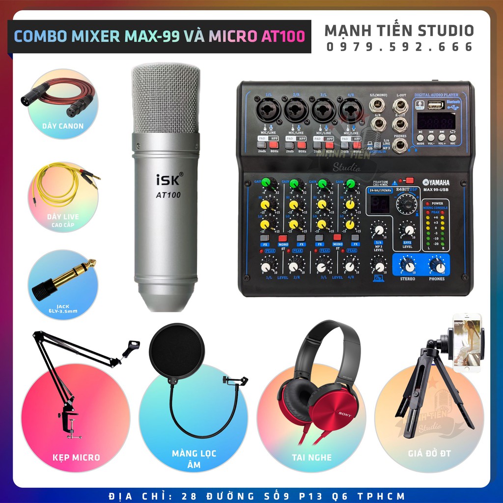Combo thu âm livestream karaoke cực hay tặng đầy đủ phụ kiện dây kết nối MIXER MAX99 bluetooth Và Micro AT100 BH 12thang