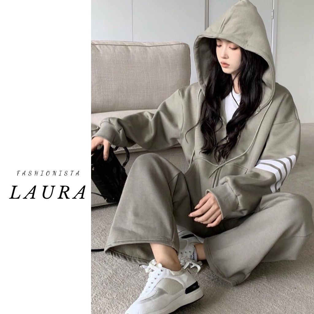 Set áo khoác nỉ  có khóa sọc tay dáng rộng kèm quần nỉ jogger Laura Boutique | BigBuy360 - bigbuy360.vn