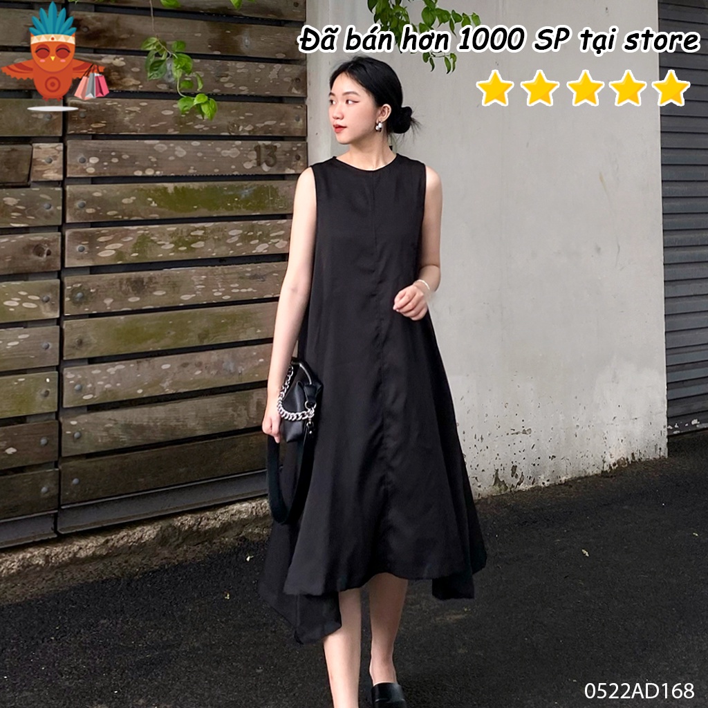 Đầm suông sát nách cột nơ sau trơn đen, cốm THOCA HOUSE nữ tính, nhẹ nhàng công sở