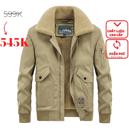 Áo Khoác Bomber Nam Lót Lông Cừu Chất Liệu KaKi Dáng Cổ Bẻ