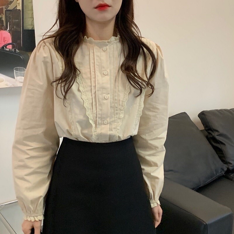 Áo sơ mi cổ tròn viền ren 2 màu - Áo babydoll viền ren chéo lệch ulzzang