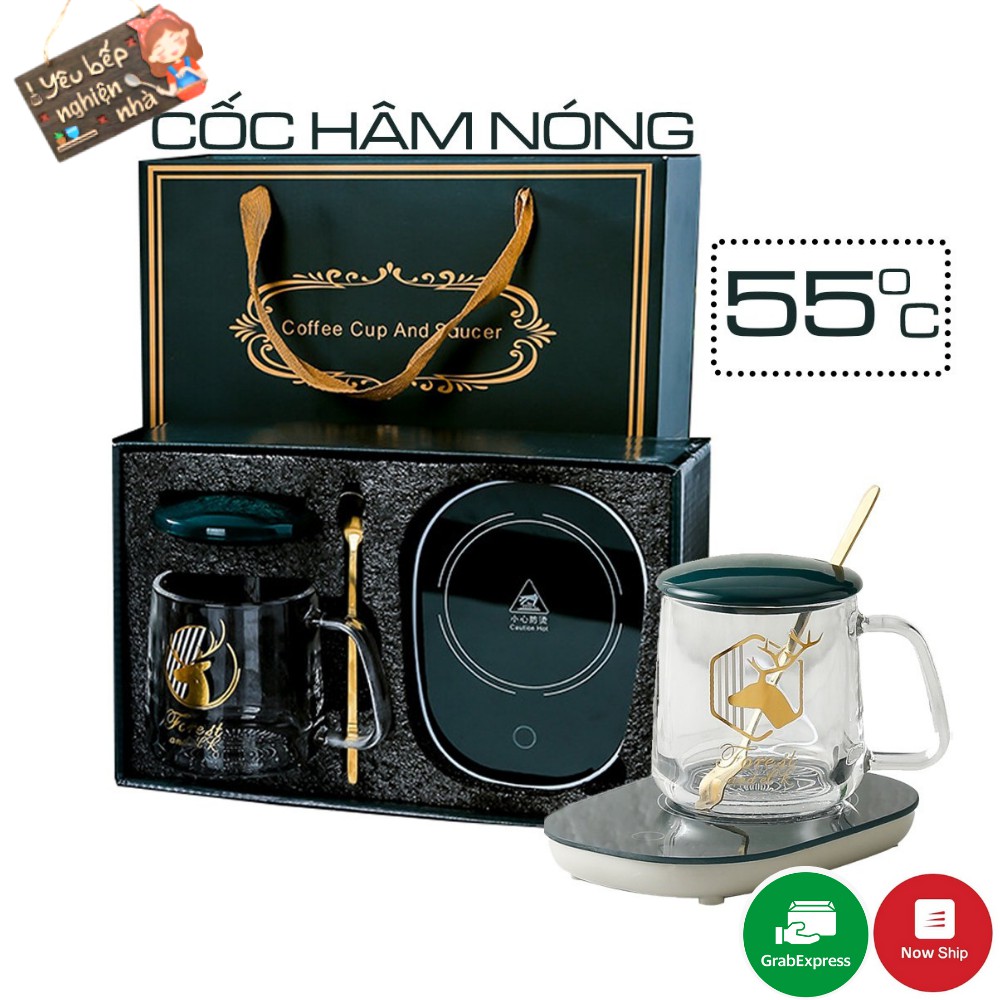 Cốc Hâm Nóng Bằng Thủy Tinh Hình Hươu, Ly Thủy Tinh Kèm Đế Điện Hâm Nóng Cafe, Sữa, Trà + Tặng Thìa Mạ Vàng Tiện Lợi