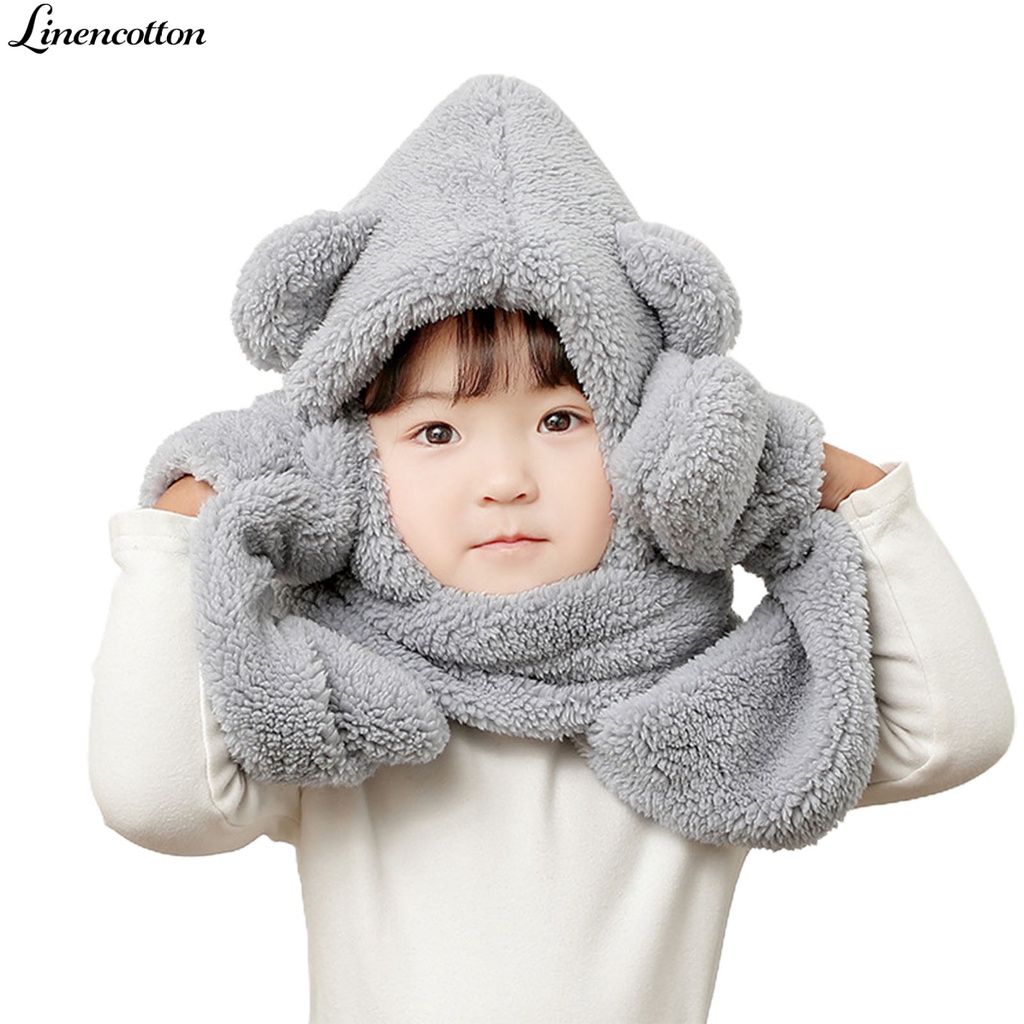 Nón kiêm khăn choàng cổ và găng tay bằng cotton lanh chống lạnh hình gấu dễ thương cho bé