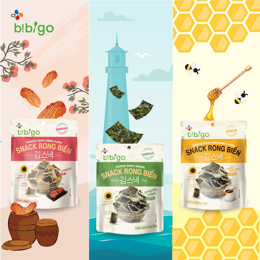 Snack Rong biển Bibigo 25g vị truyền thống/ rong biển/ kim chi/ bắp mập ong