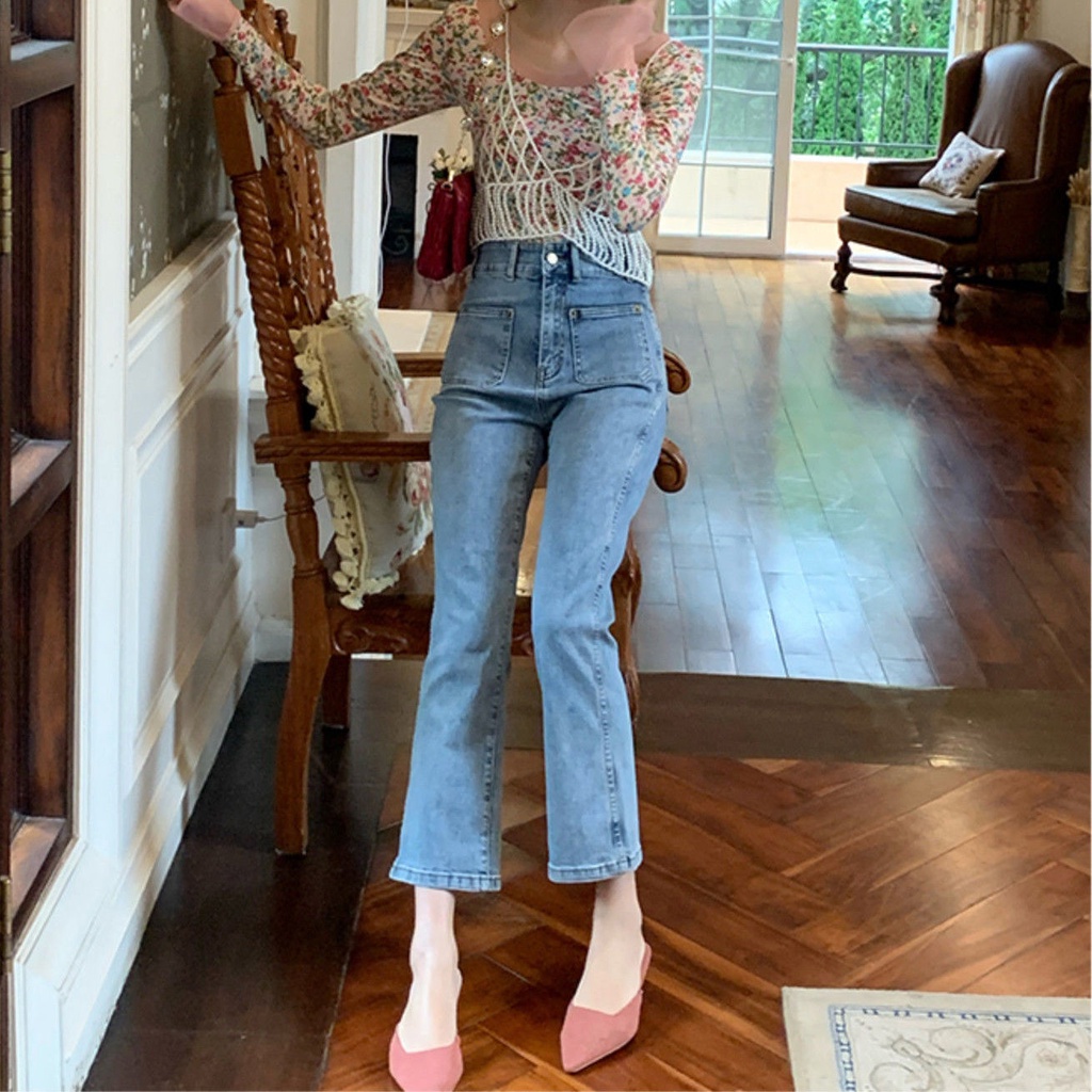 Quần jeans lưng cao phong cách retro Hong Kong cho nữ