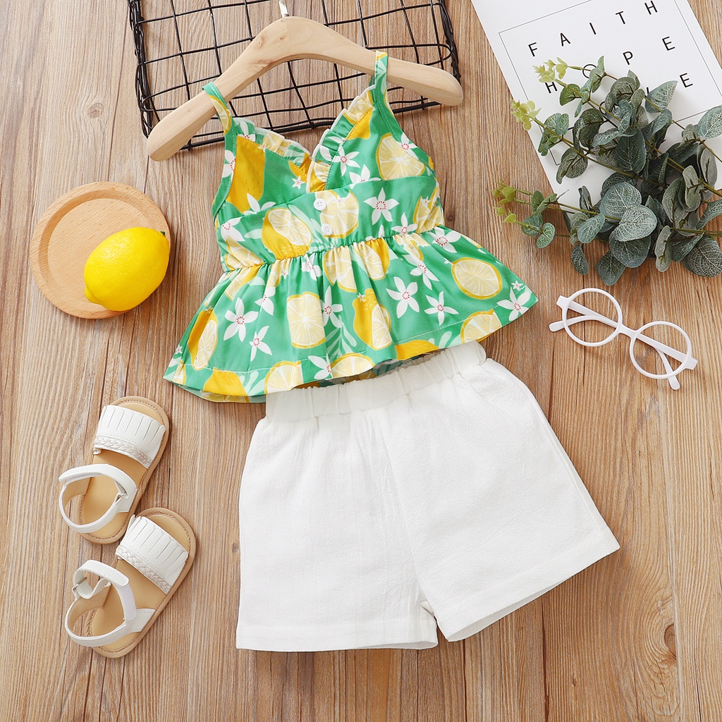 Set đồ mùa hè 2 món Mikrdoo gồm áo hai dây in họa tiết hoa + quần ngắn màu trắng dễ thương cho bé gái sơ sinh