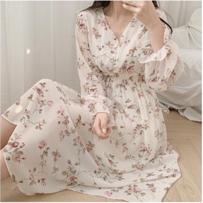 Đầm ulzzang hoa cổ viền nút nhún eo chất voan tơ mềm mịn 2 lớp tay dài