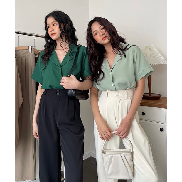 Áo sơm mi cộc tay cổ vest nữ - Áo tay lỡ cổ bẻ chất đũi cá tính HOT TREND
