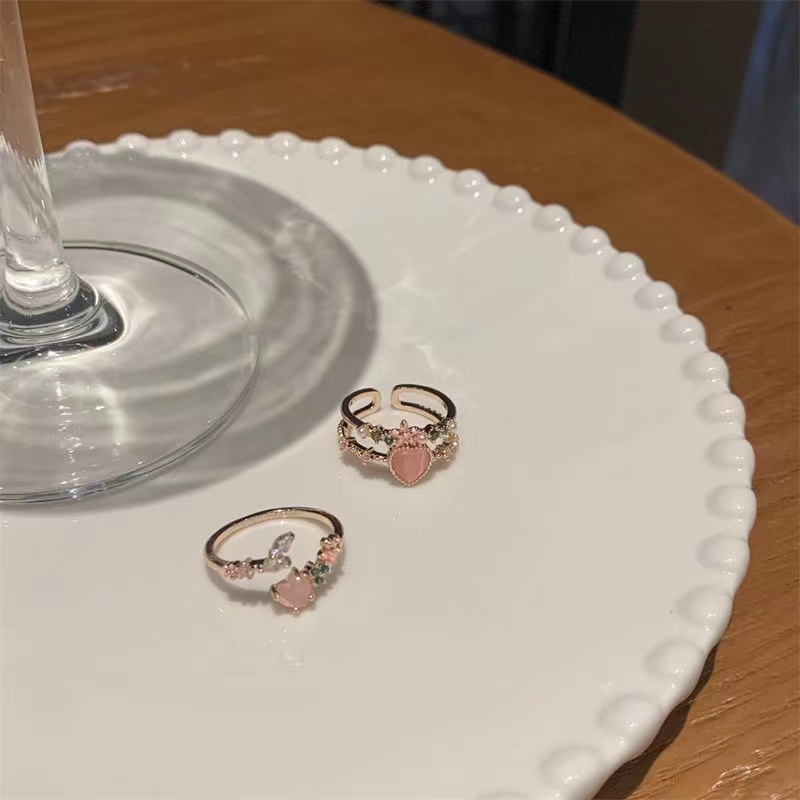 Nhẫn Hở Hai Lớp Đính Đá Hình Trái Tim Màu Hồng Ngọt Ngào Thanh Lịch Có Thể Điều Chỉnh Cho Nữ