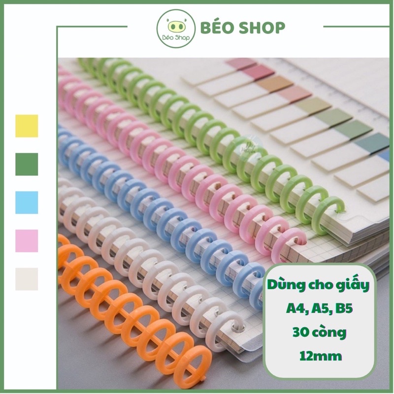 Binder thanh còng nhựa làm sổ Béo shop, kẹp tài liệu đường kính 10mm 12mm bìa màu A5 B5 A4 20 26 30 lỗ