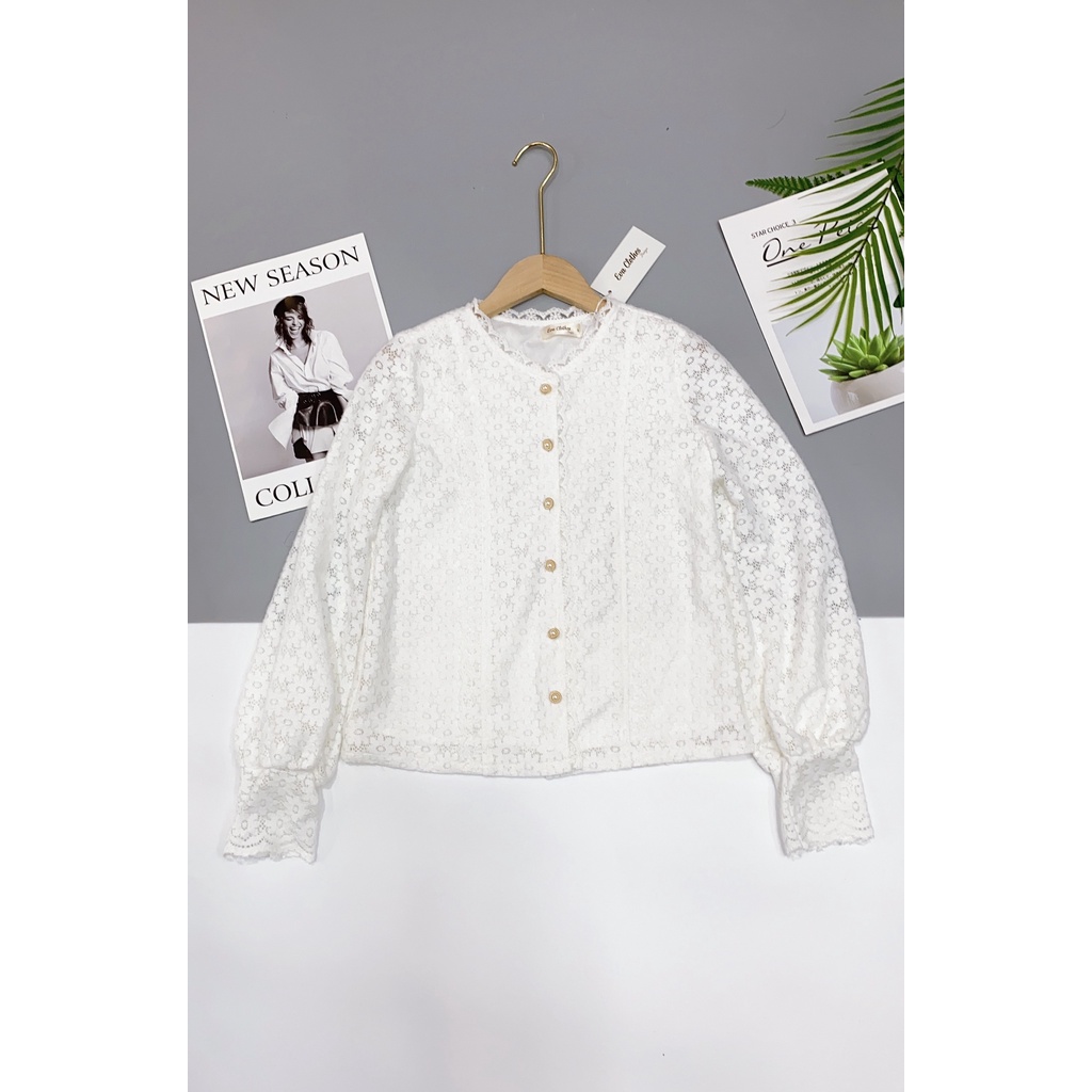 Áo sơ mi nữ ren dài tay đẹp hai lớp dáng suông cổ tròn màu trắng be đi làm đi chơi | BigBuy360 - bigbuy360.vn