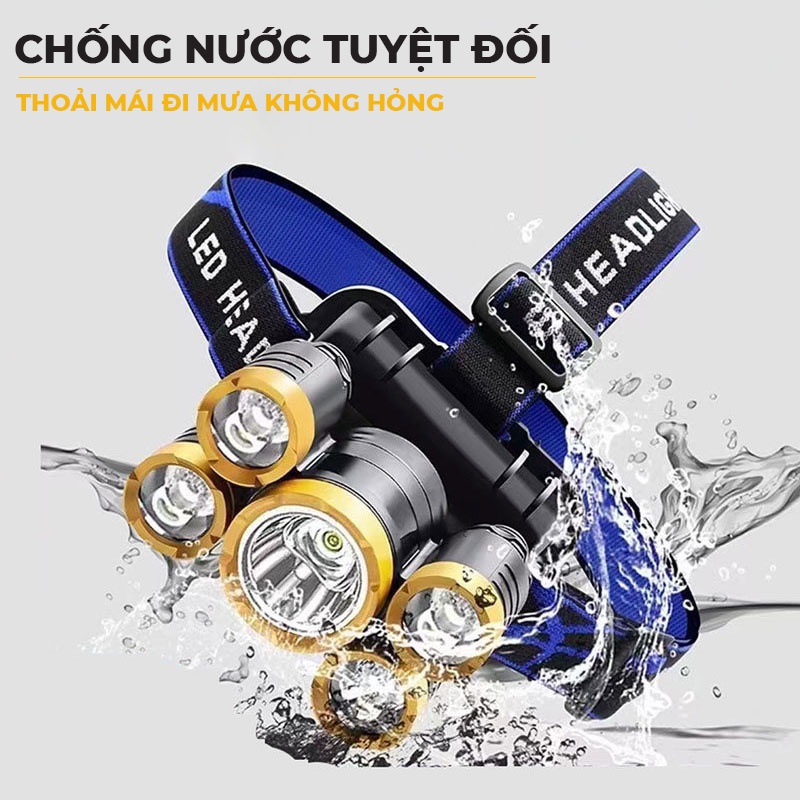 Đèn Đeo Đầu 5 Bóng Siêu Sáng 4 Chế Độ Chiếu Xa, Rộng, Nháy Đèn, Đèn Pin Đội Đầu Chống Nước Tiện Dụng