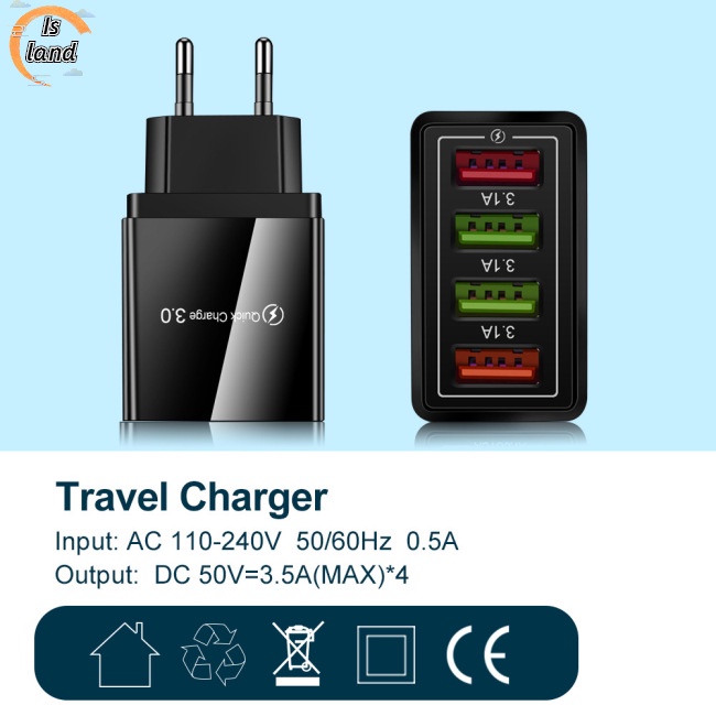 Củ Sạc 12w 4 Cổng Usb 3a Phích Cắm Us / Eu / Uk Tiện Dụng