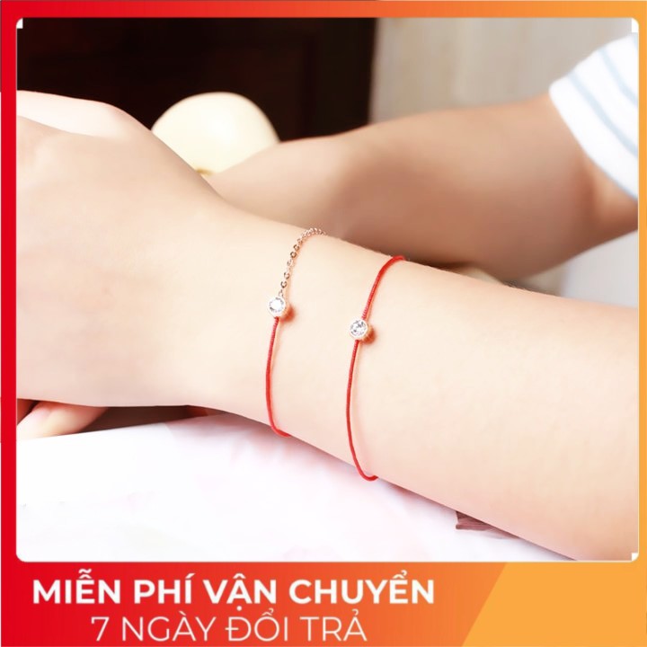 Sợi chỉ đỏ may mắn mix dây titan, hạt tròn đính kim cương, free size, điều chỉnh kích thước bạc